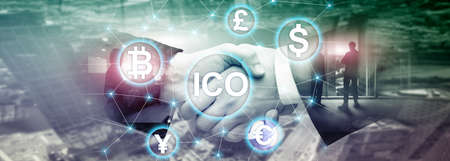 ICO - Initial coin offering, Blockchain and cryptocurrency concept on blurred business building...