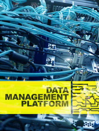 Data management and analysis platform concept on server room background.