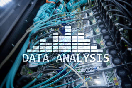 Big Data analysis text on server room background. Internet and modern technology concept.