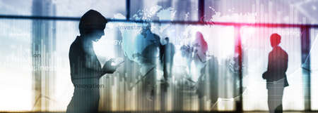 Business abstract background double exposure graph, chart and diagram. World wide map and. Global business and financial trading concept.の写真素材