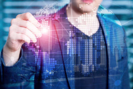 3D Earth hologram on blurred background.Global business and communication concept.
