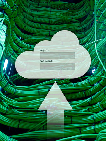 Cloud storage, data access, login and password request window on server room background. Internet...