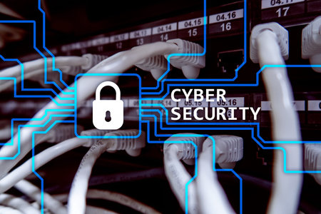 Cyber security, information privacy and data protection concept on server room background.