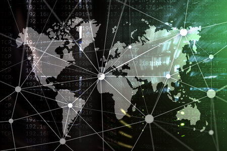 Double exposure world map. Global business and financial market concept.