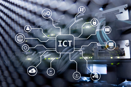 ICT - information and communications technology concept on server room background.