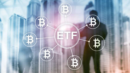 Bitcoin ETF cryptocurrency trading and investment concept on double exposure background.の写真素材