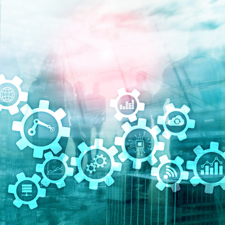 Automation technology and smart industry concept on blurred abstract background. Gears and icons.