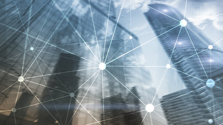 Blockchain network on blurred skyscrapers background. Financial technology and communication...