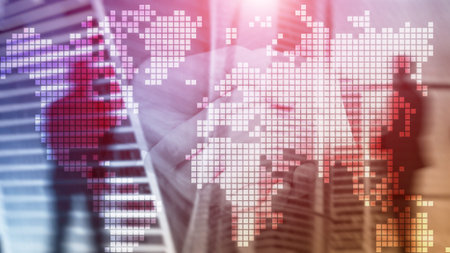 Double exposure world map on skyscraper background. Communication and global business concept.
