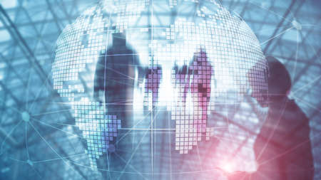 3D Earth hologram on blurred background.Global business and communication concept.の写真素材