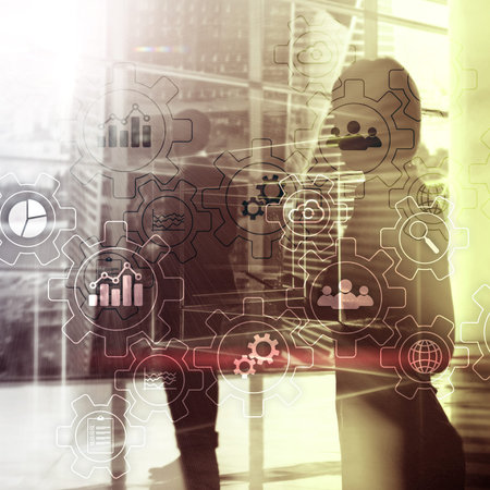 Business process abstract diagram with gears and icons. Workflow and automation technology concept.