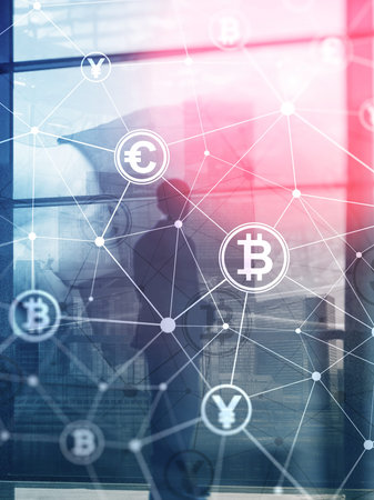 Double exposure Bitcoin and blockchain concept. Digital economy and currency trading. Abstract Cover...