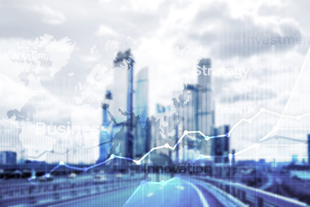 Business abstract background double exposure graph, chart and diagram. World wide map and. Global business and financial trading concept.の写真素材