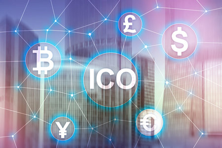ICO - Initial coin offering, Blockchain and cryptocurrency concept on blurred business building...