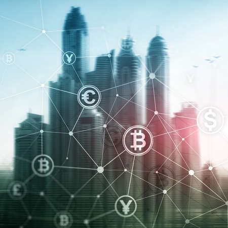 Double exposure Bitcoin and blockchain concept. Digital economy and currency trading.の写真素材