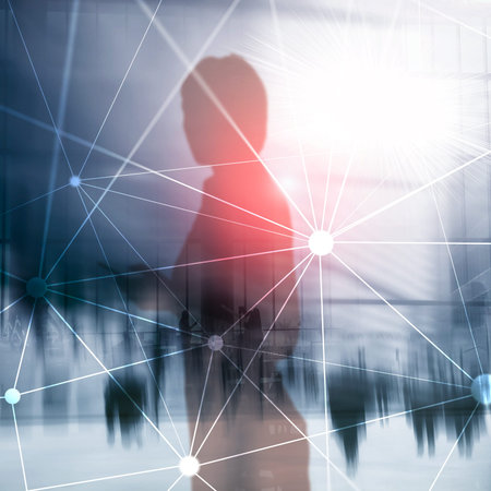 Blockchain network on blurred skyscrapers background. Financial technology and communication...