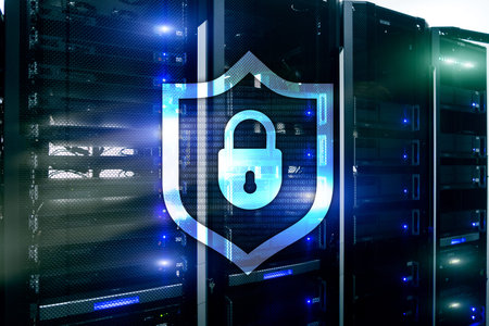 Cyber protection shield icon on server room background. Information Security and virus detection.