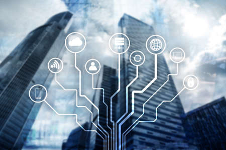Telecommunication and IOT concept on blurred business center background.の写真素材