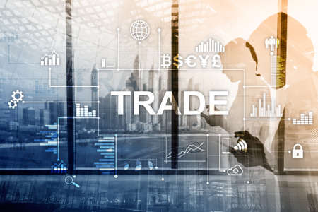 Stock trading candlestick chart and diagrams on blurred office center background.の写真素材