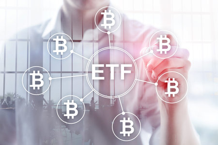 Bitcoin ETF cryptocurrency trading and investment concept on double exposure background.