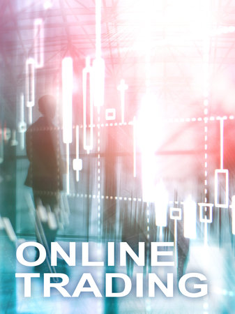 Online trading, FOREX, Investment concept on blurred business center background. Abstract Cover...