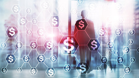 Dollars icons, money network structure. ICO, trading and investment. Crowdfunding.