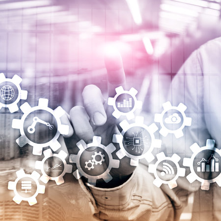 Automation technology and smart industry concept on blurred abstract background. Gears and icons.
