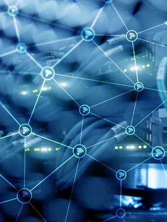 Wi fi network abstract structure on modern server room background.の写真素材