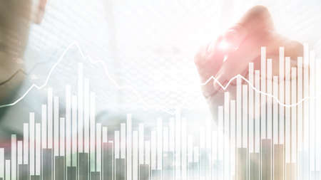 Double exposure Financial graphs and diagrams. Business, economics and investment concept.の写真素材