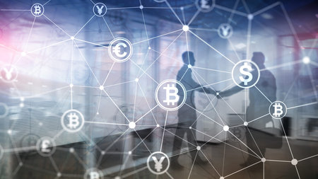 Double exposure Bitcoin and blockchain concept. Digital economy and currency trading.