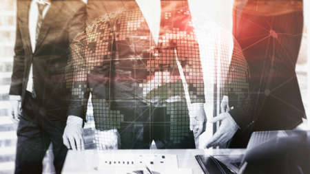 3D Earth hologram on blurred background.Global business and communication concept.の写真素材