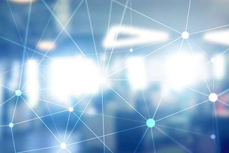 Blockchain network on blurred skyscrapers background. Financial technology and communication...