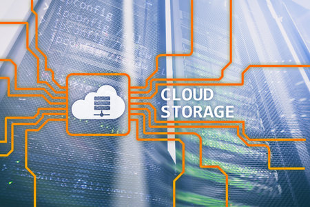 Cloud data storage concept on server room background.