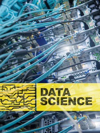 Data science, business, internet and technology concept on server room background.