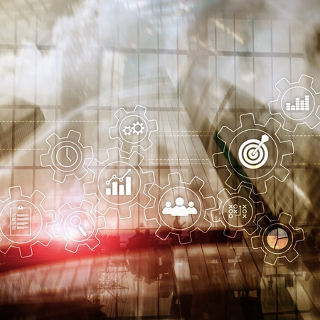 Business process automation concept. Gears and icons on abstract background.