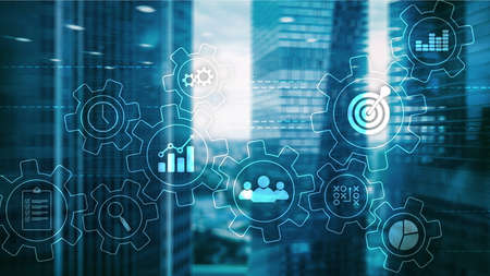 Business process automation concept. Gears and icons on abstract background.の写真素材