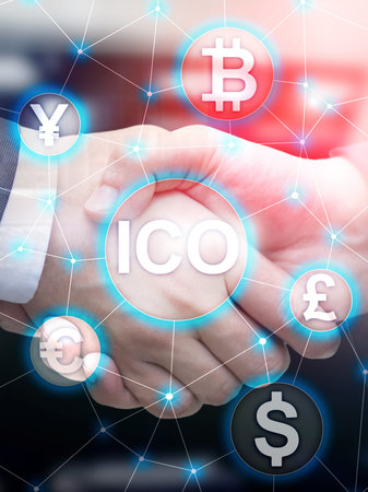 ICO - Initial coin offering, Blockchain and cryptocurrency concept on blurred business building...