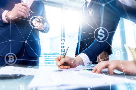 Double exposure Bitcoin and blockchain concept. Digital economy and currency trading.