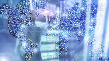 Global World Map Double Exposure Network. Telecommunication, International business Internet and...