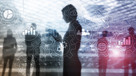 Business process abstract diagram with gears and icons. Workflow and automation technology concept.