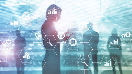 Double exposure mixed media. Diagrams and icons on hologram screen. Business people and modern city on background.の写真素材