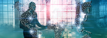 Global World Map Double Exposure Network. Telecommunication, International business Internet and...