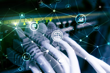 ICT - information and telecommunication technology and IOT - internet of things concepts. Diagrams with icons on server room backgrounds.の写真素材