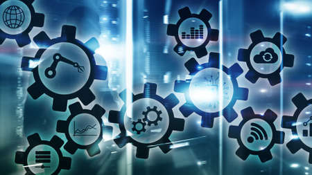 Automation technology and smart industry concept on blurred abstract background. Gears and icons.の写真素材