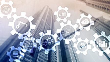 Automation technology and smart industry concept on blurred abstract background. Gears and icons.の写真素材