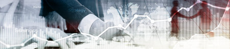 Business abstract background double exposure graph, chart and diagram. World wide map and. Global...