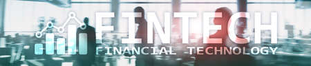 FINTECH - Financial technology, global business and information Internet communication technology. Skyscrapers background. Hi-tech business concept. Website header banner.の写真素材