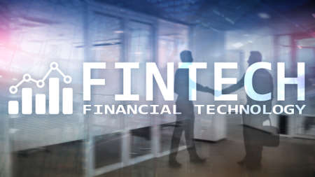 FINTECH - Financial technology, global business and information Internet communication technology. Skyscrapers background. Hi-tech business concept.の写真素材