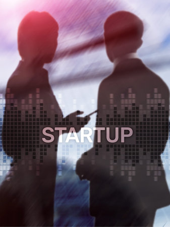 Startup concept with double exposure diagrams blurred background. Abstract Cover Design Vertical...