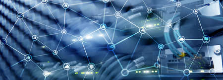 Telecommunication concept with abstract network structure and server room background.の写真素材